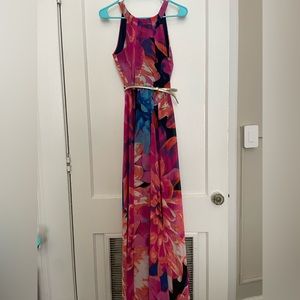 Small floor length floral dress with gold belt